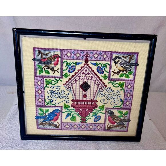 Framed Finished Cross Stitch To Rent For A Song Birdhouse Robin Bluebird Chick - Picture 1 of 4